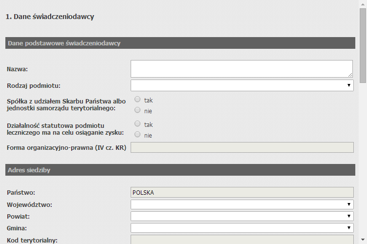 Wygląd formatki dla świadczeniodawcy nieistniejącego w systemie.